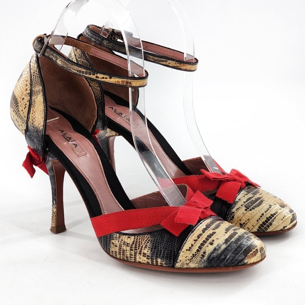 ALAIA Snake Print Leather Ankle Strap Heels With Red Bows